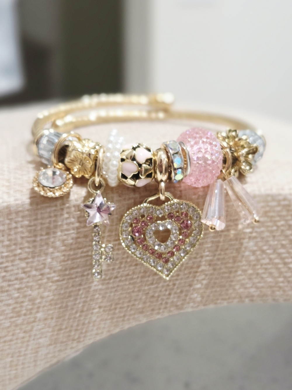 Gold-Tone Pink Heart Charm Bangle Bracelet